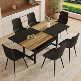Table and chair set.71*35.4 inch Wooden And Black Spliced Dining Table With Storage Function In The Middle Of The Table Legs.Paired With 6 Black Artif