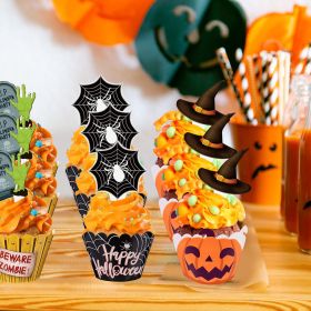 48 Pcs Halloween Cupcake Decoration Set Zombie Hand Witch Hat Spider Web Tombstones Design Cupcake Picks 3 Styles Happy Halloween Cupcake Wrapper (Option: W13688157)